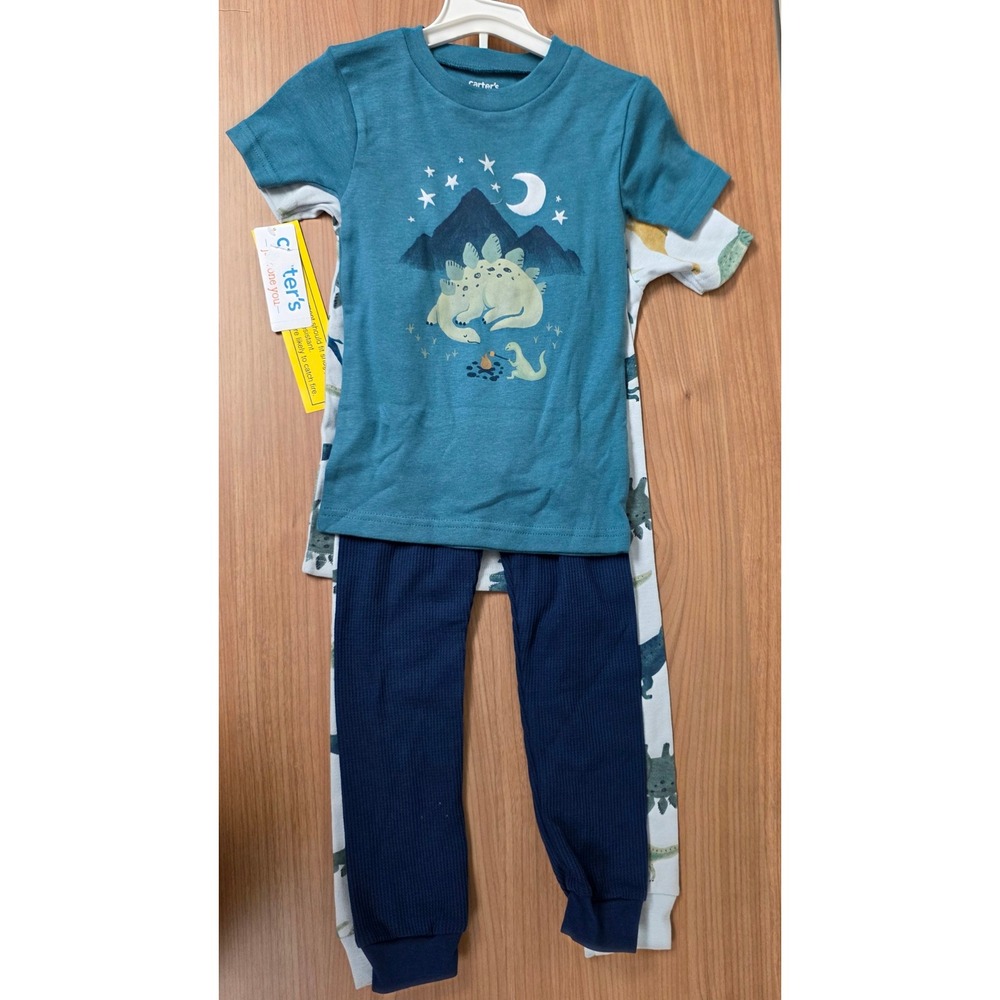 Carters Just One You Toddler Boys 4-Piece Dinosaur Pajama Set Teal Navy 4T NEW